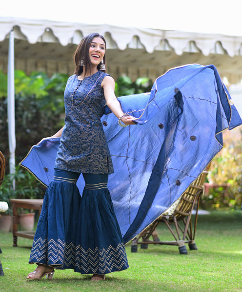 Buy Royal Blue Printed Cotton Sharara Suit Set Online – Hatheli