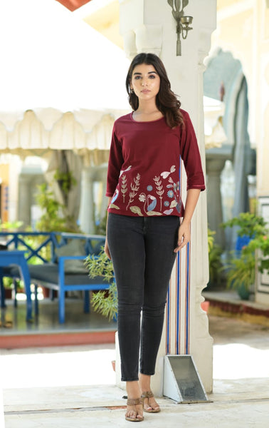 Geometric Embroidered Cotton Top Detailed with Cotton Lace