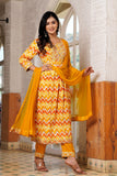 Yellow Cotton Yoke work Kurta Sets with Dupatta